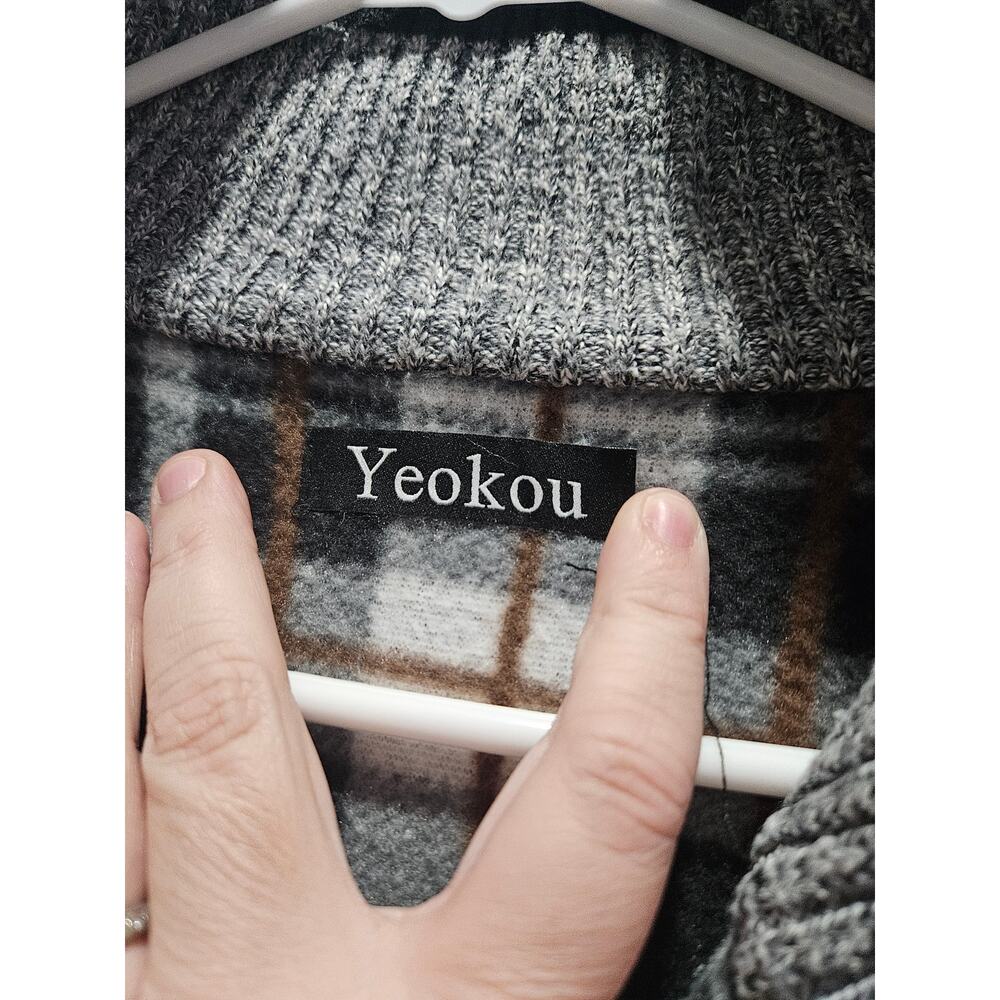 Yeokou Cashmere Wool Blend Sweater Jacket Men's Large L Black Full Zip Plaid - Picture 3 of 9